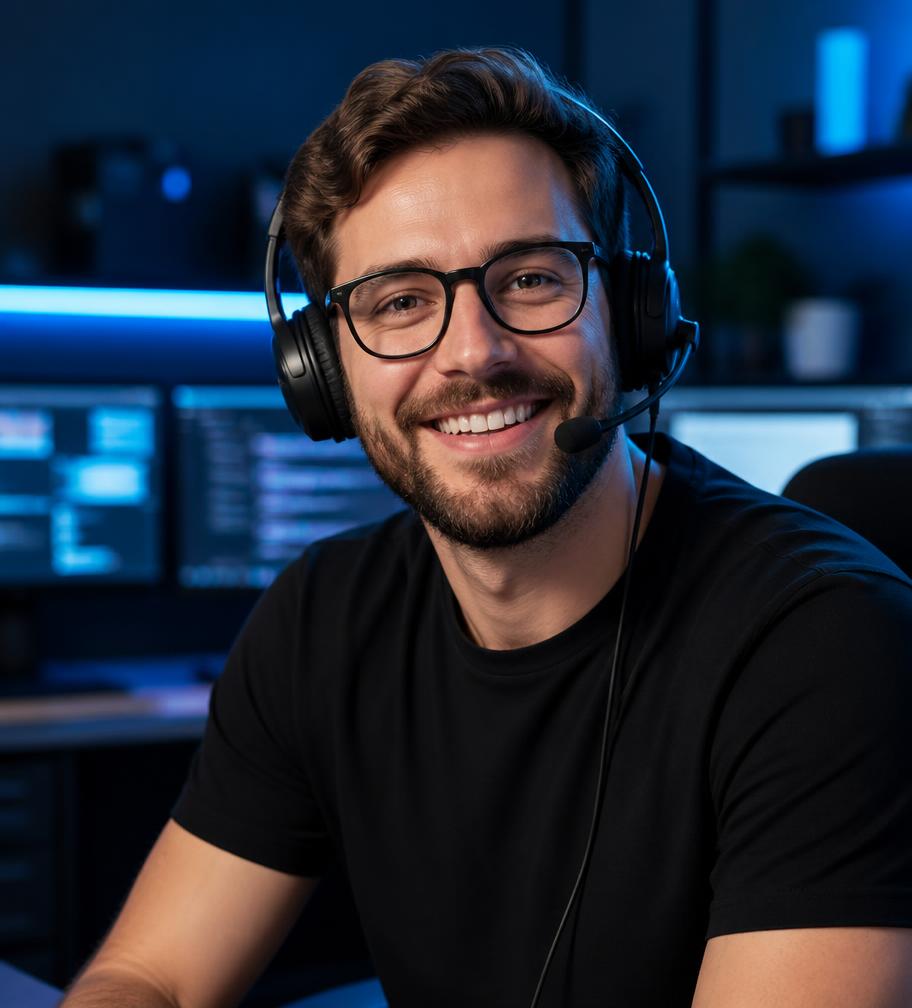 A GeekTechSupport expert wearing a headset, ready to help